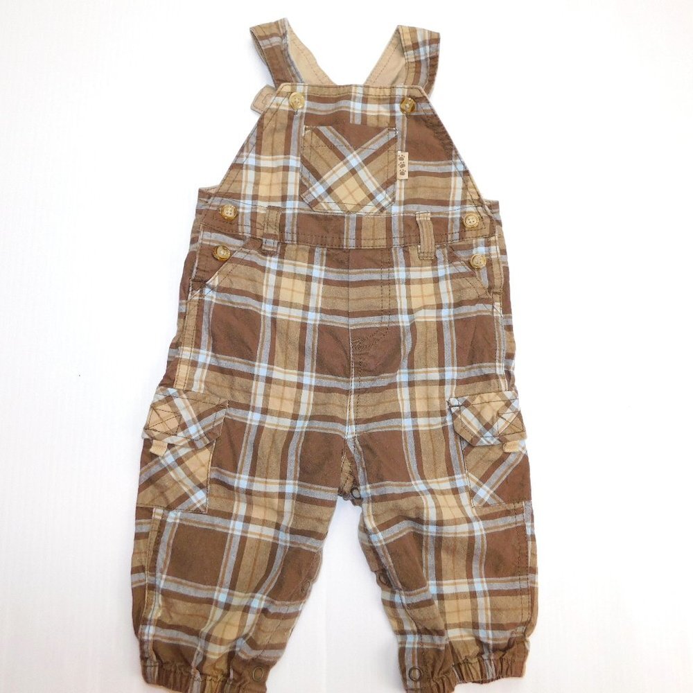 Carters Baby Boys 9 Months Brown Tan Plaid Cotton Overalls 9M
